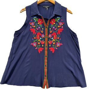 Andree by Unit Womens Embroidered Sleeveless Top Sz Large Navy Bloomcore Cotton